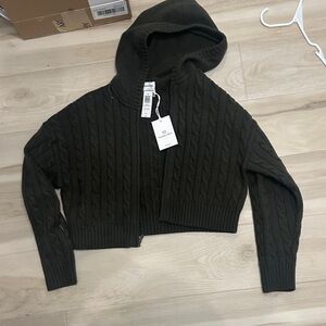 Aritzia Dark Green Cable Knit Hooded Cardigan